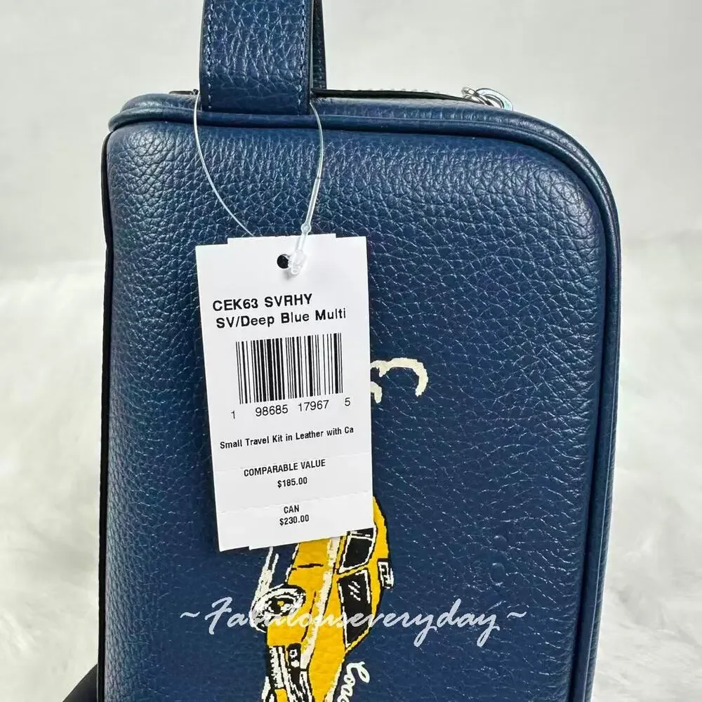 Coach Small Travel Kit With Car Print Leather/Silver/Deep Blue Multi CEK63 NWT